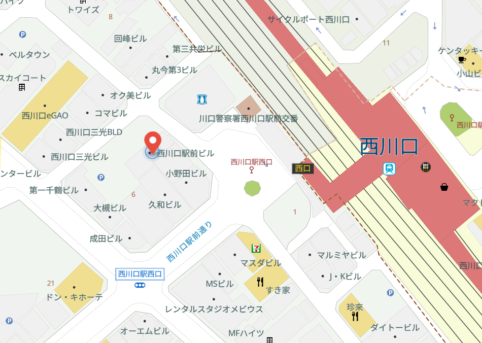 本店(埼玉県川口市西川口 西川口駅前ビル)周辺の地図。JR西川口駅西口ロータリー前